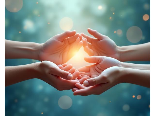Diverse hands forming a circle, symbolizing unity and support, with subtle musical notes and sound waves integrated.